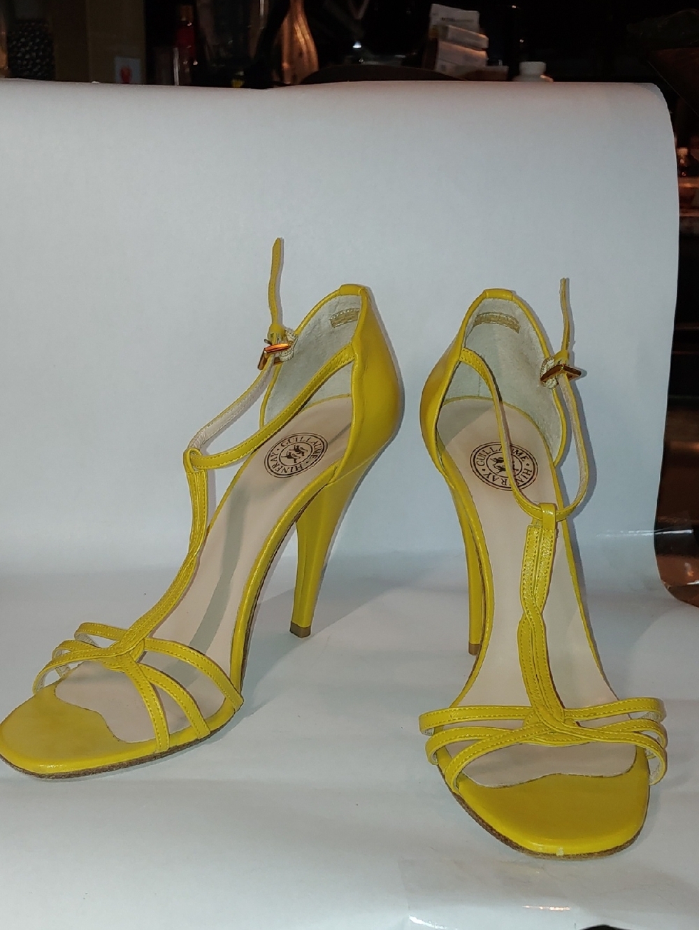 Guillaume Hinfray Designer Yellow T-Strap High Heel Sandals.